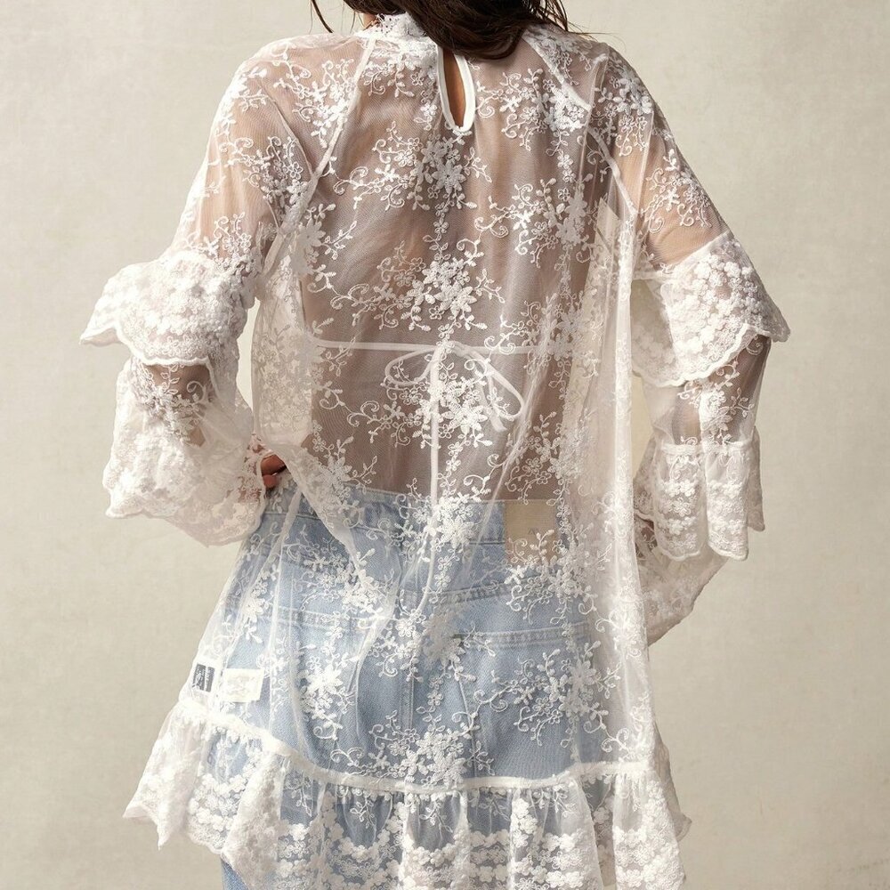 White Boho Casual Women's Long Sleeve Mini Dress - Picture 2 of 8